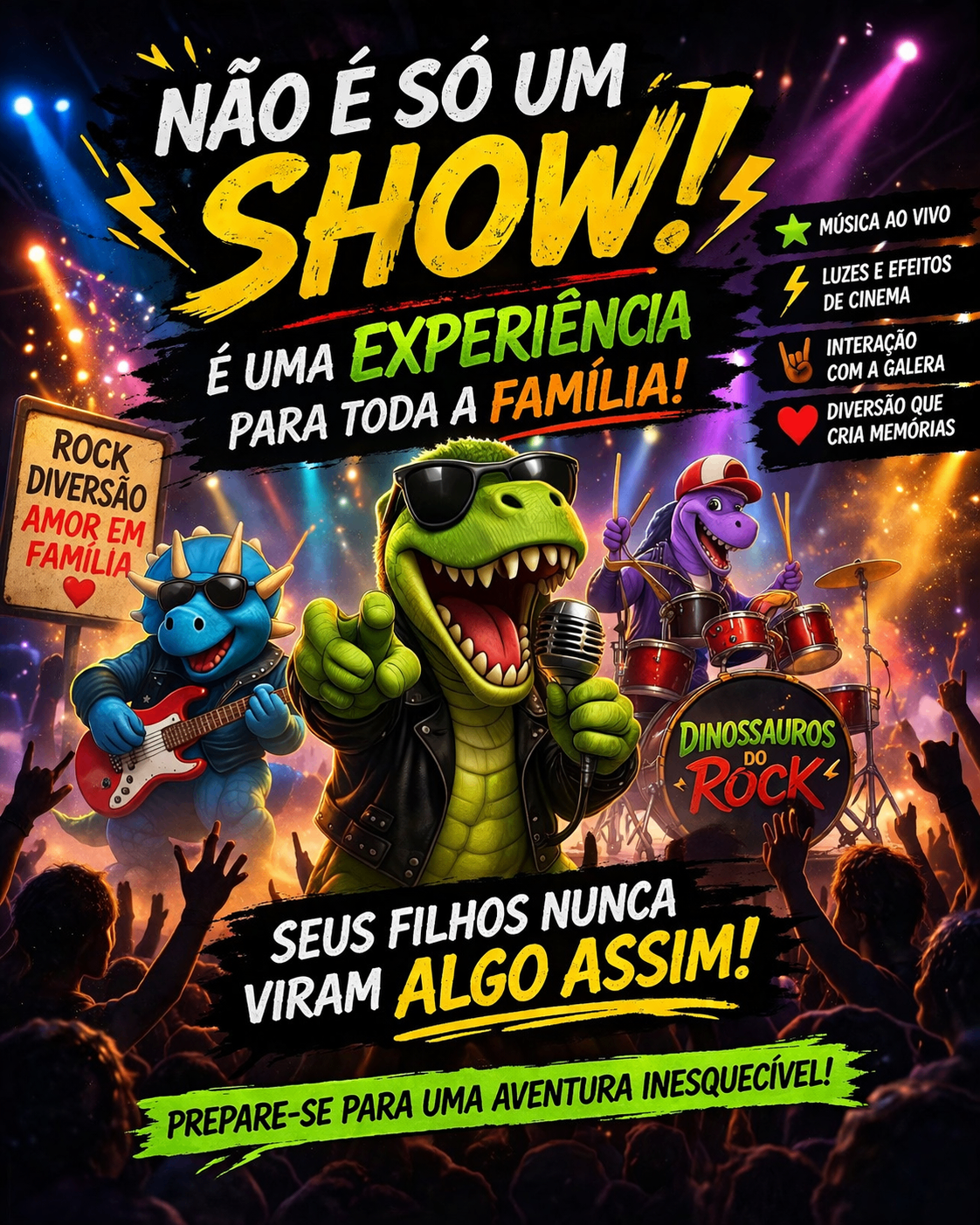 Poster destacando a experiência familiar dos Dinossauros do Rock
